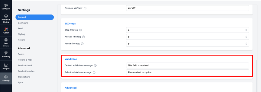 Validation text settings