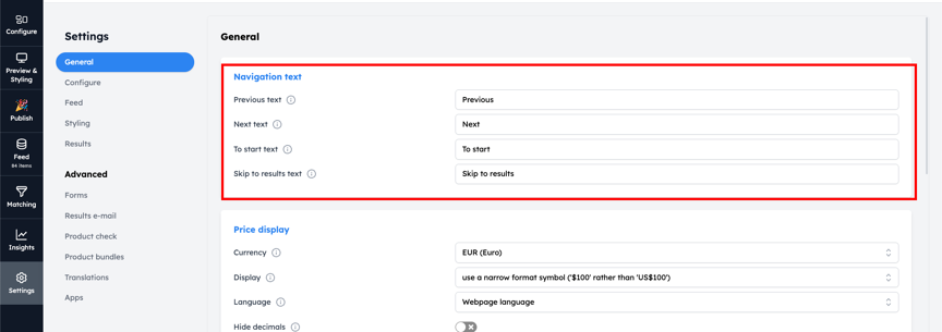 Navigation text settings